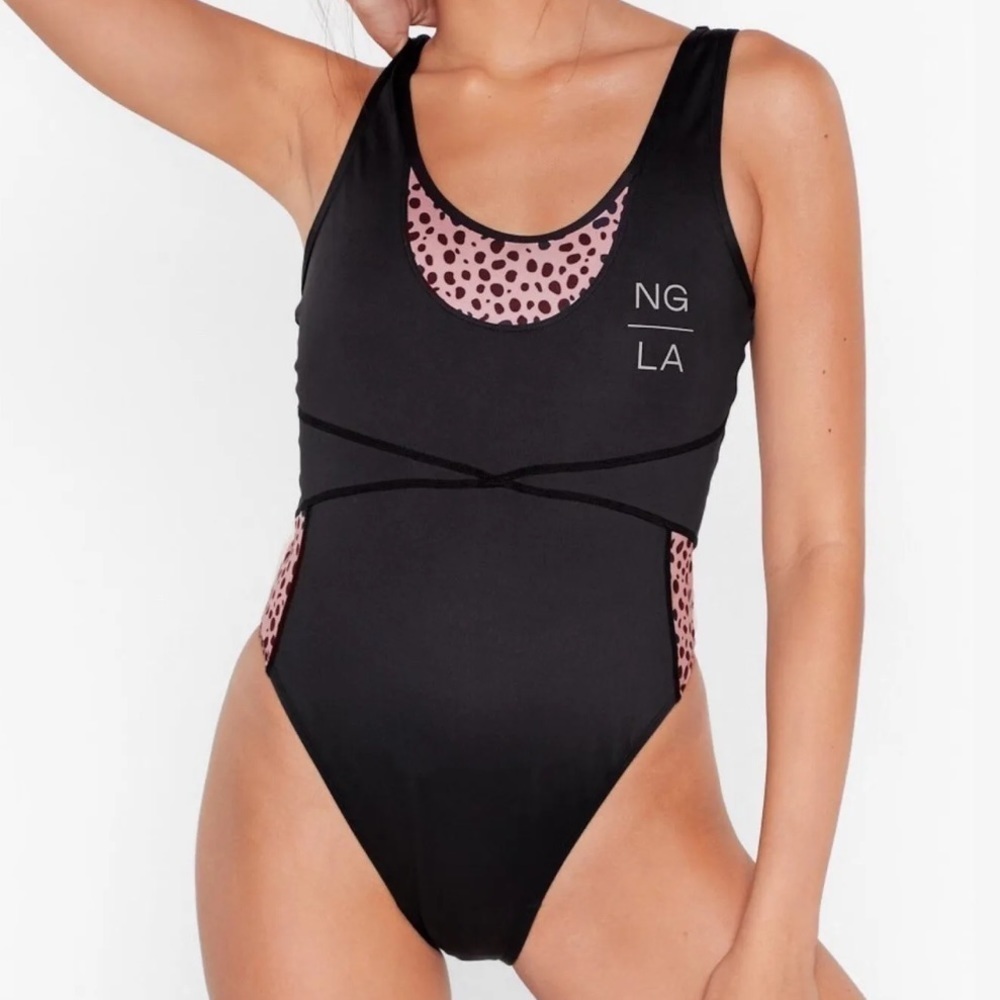 NEW Nasty Gal One Piece Swimsuit Womens Size 8 Black Cheetah Print‎